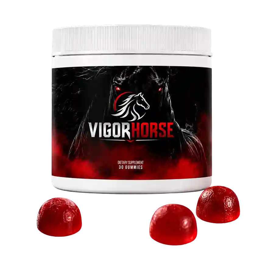 VigorHorse Male Performance Gummies &mdash; white jar with dramatic black label showing a powerful dark horse with glowing red eyes and red smoke, VIGORHORSE in bold white and crimson lettering, 30 red gummies dietary supplement, with three deep red cherry gummies shown beside the jar