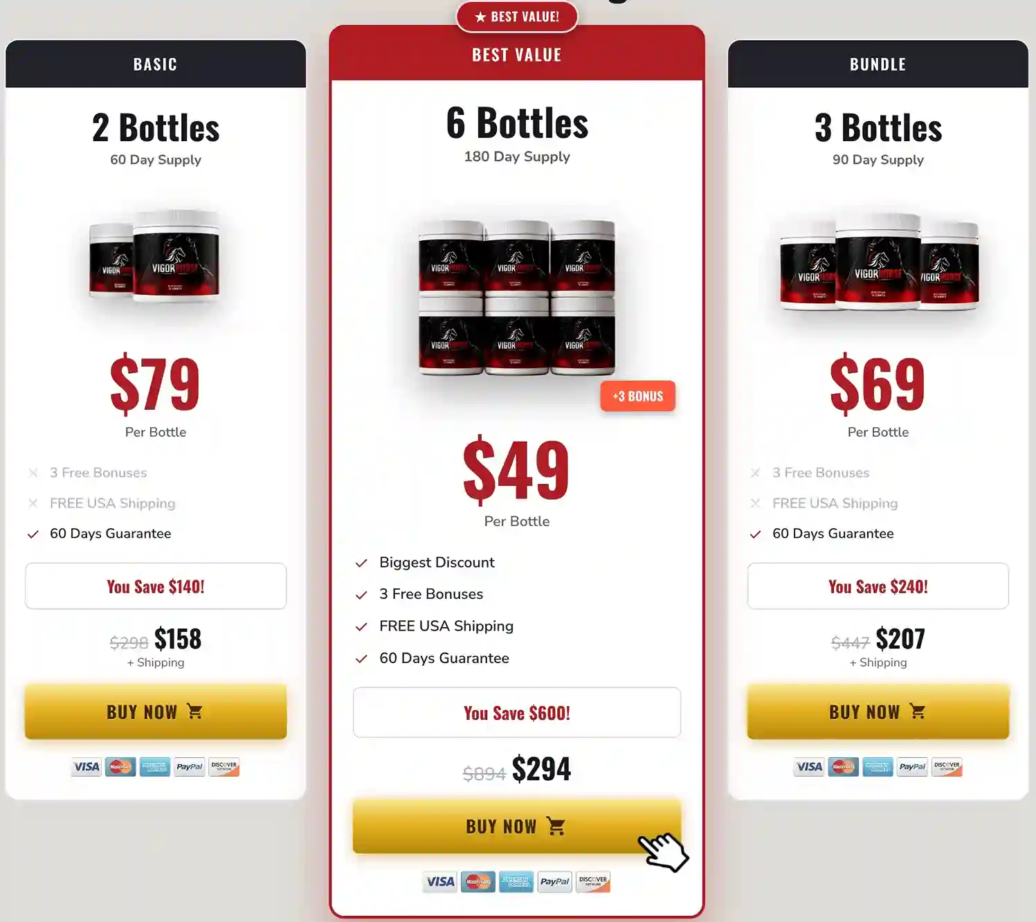 VigorHorse pricing options &mdash; 2 bottles $79 each, 3 bottles $69 each free shipping, 6 bottles $49 each best value free shipping with 60-day money-back guarantee and 3 free bonus guides